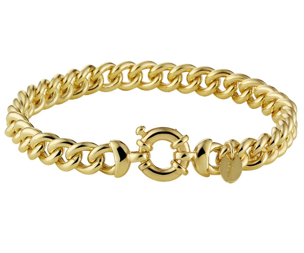 ZilGold 14 karaat goud met daarin een kern van 925 zilver. Geel gouden armband met gourmette schakel met een schakelbreedte van 7,5 mm en een totale lengte van 20.5cm. Met groot springslot.
